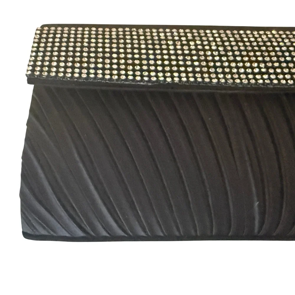 Vintage Evening Clutch Women‎ Black Rhinestone Pleated Satin Chain Strap Regency
